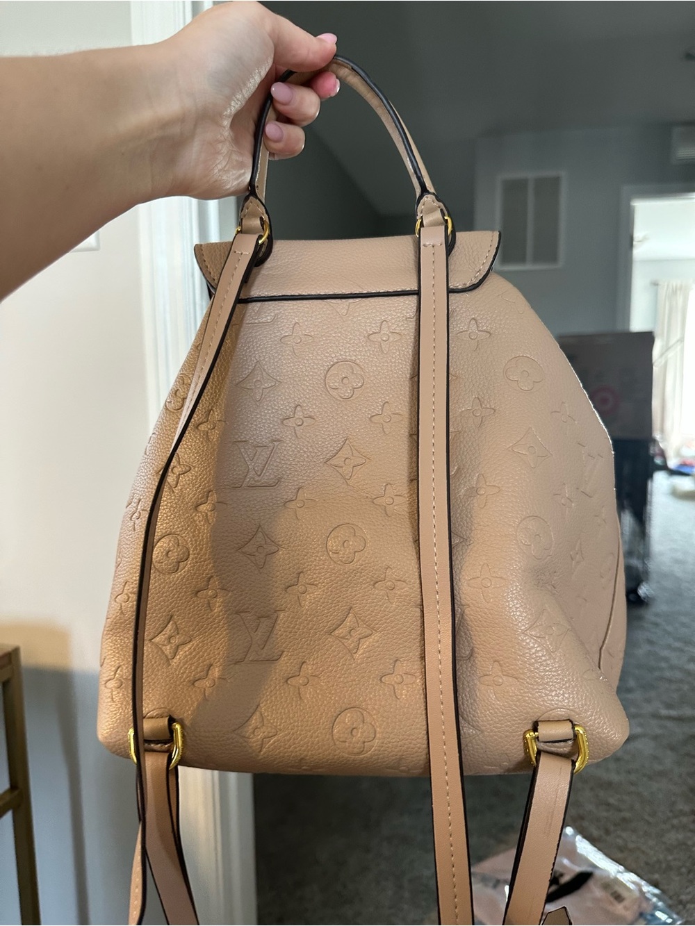 Beige Monogram Embossed Backpack with Gold Hardware - Picture 6 of 6